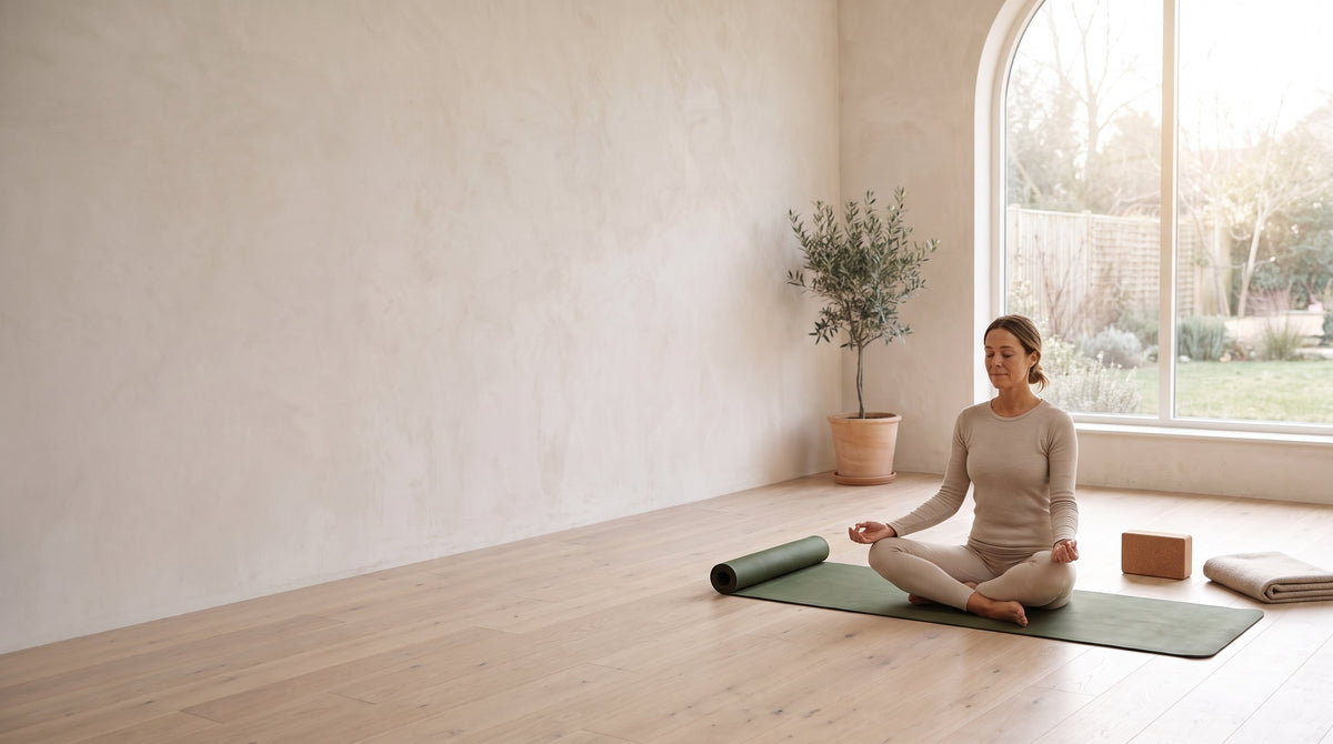 Yoga practice on an olive mat in a bright Averune studio