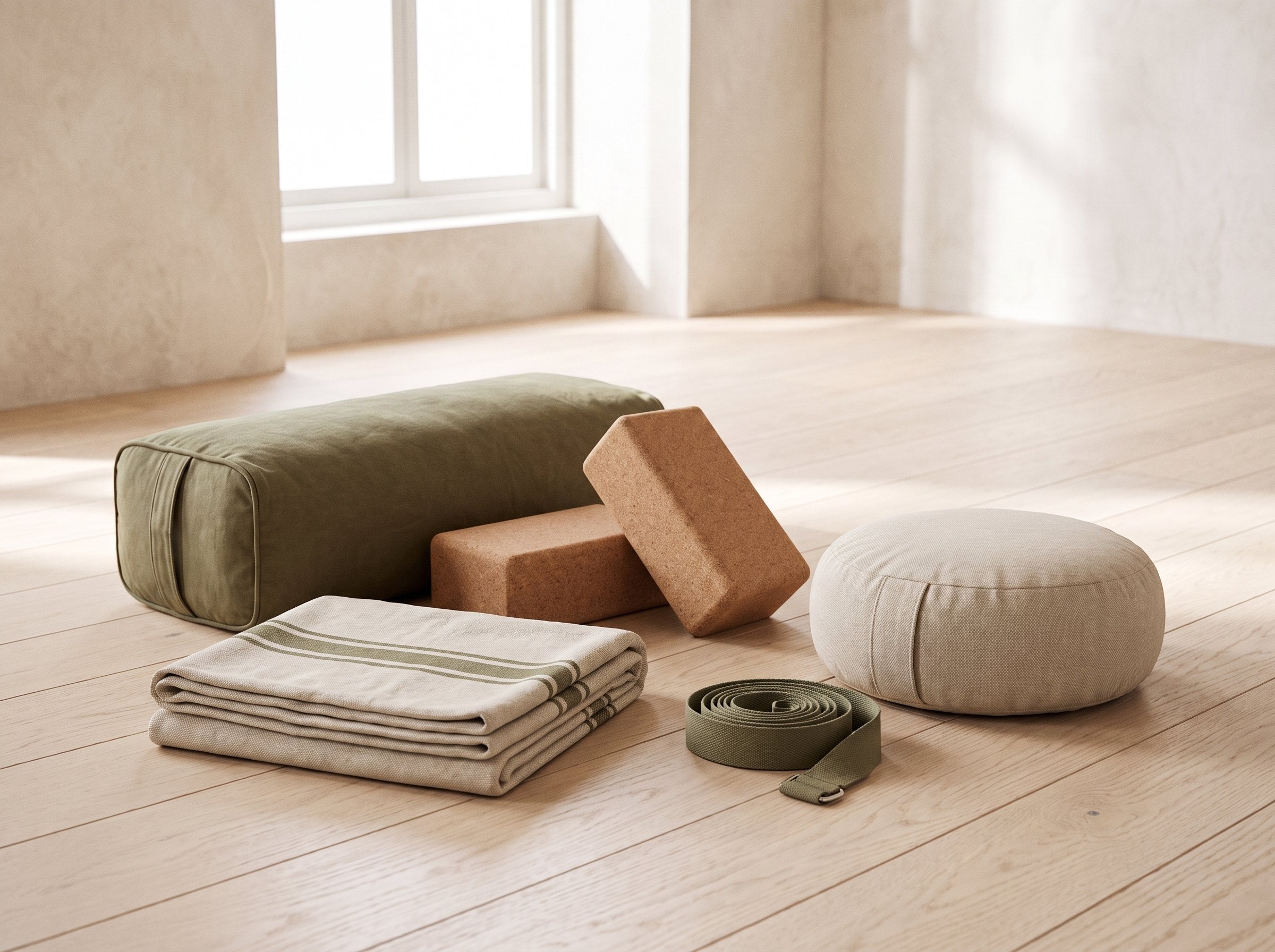Averune yoga props: cork blocks, bolster, blanket, strap and meditation cushion