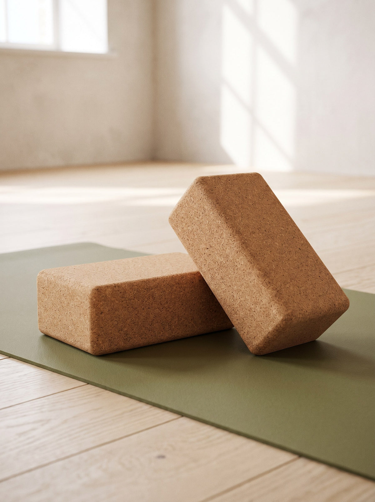 Two natural Cork Yoga Blocks on an olive yoga mat, one flat and one on its side