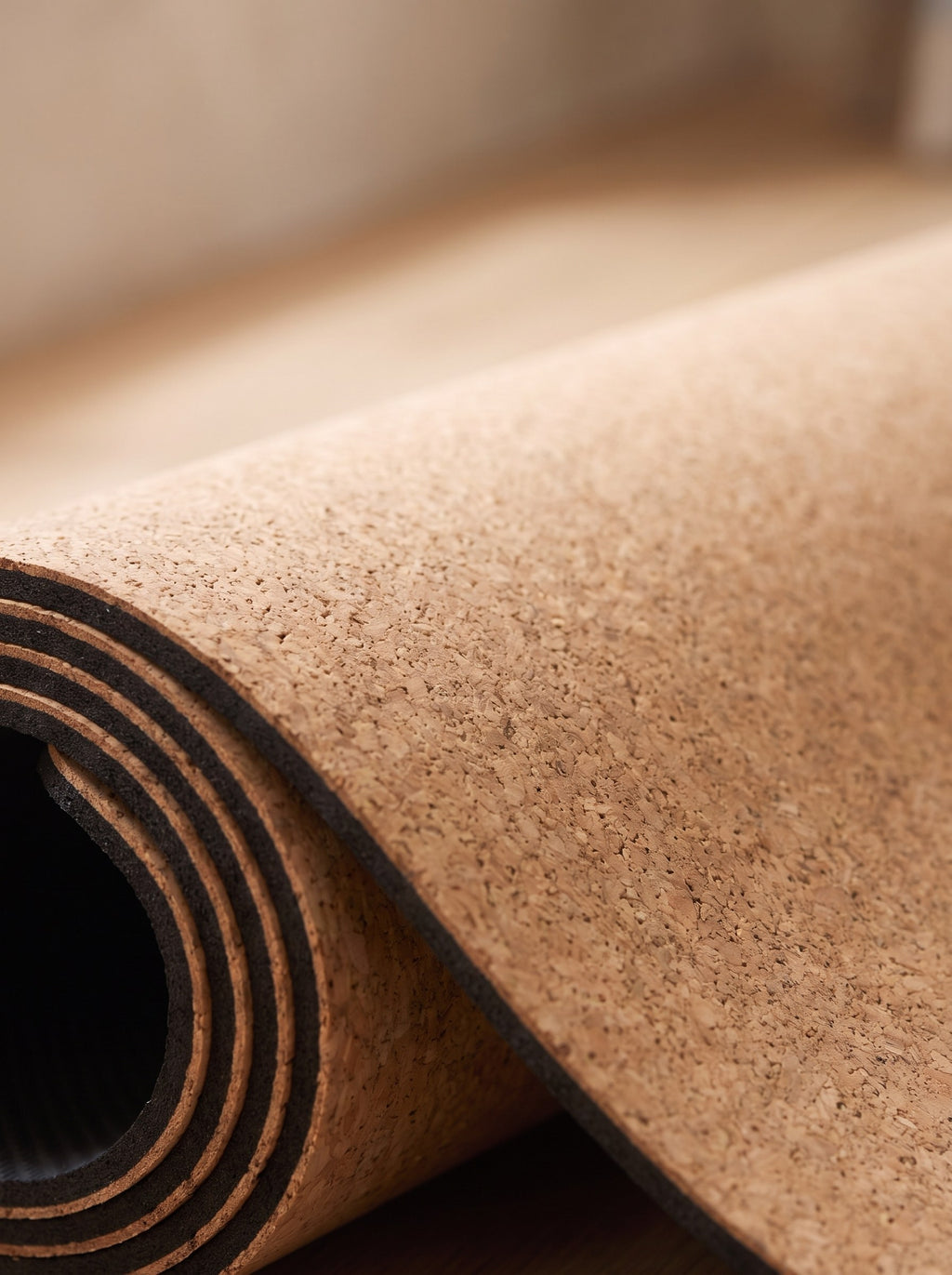 Close-up of the fine cork grain and black rubber base of the Cork Yoga Mat