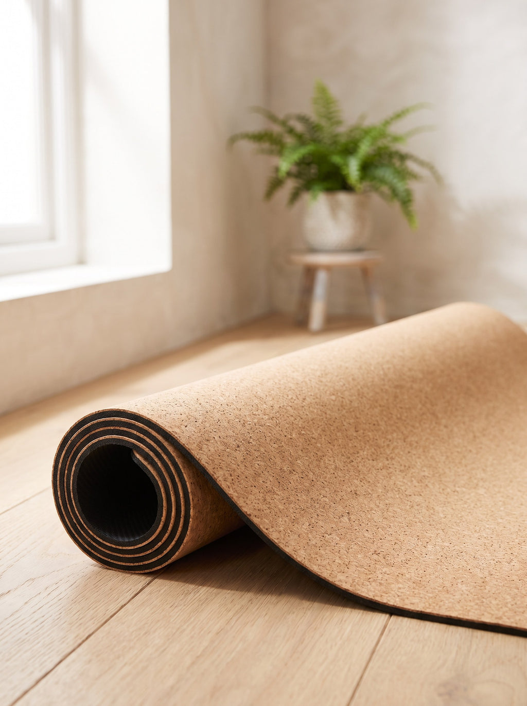 Natural Cork Yoga Mat 5 mm partly unrolled on an oak studio floor