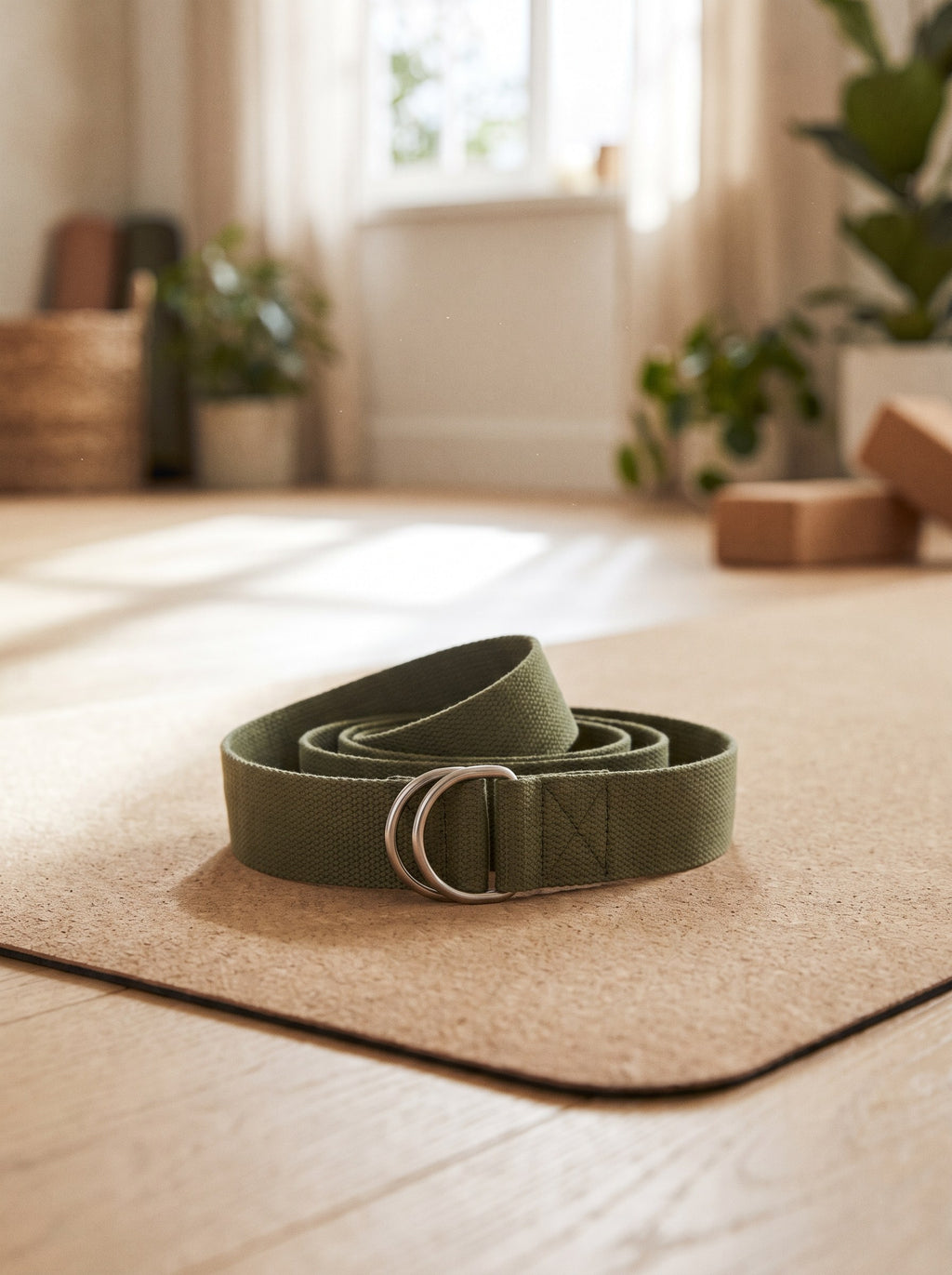 Olive Cotton Yoga Strap with metal D-ring coiled on a sand yoga mat