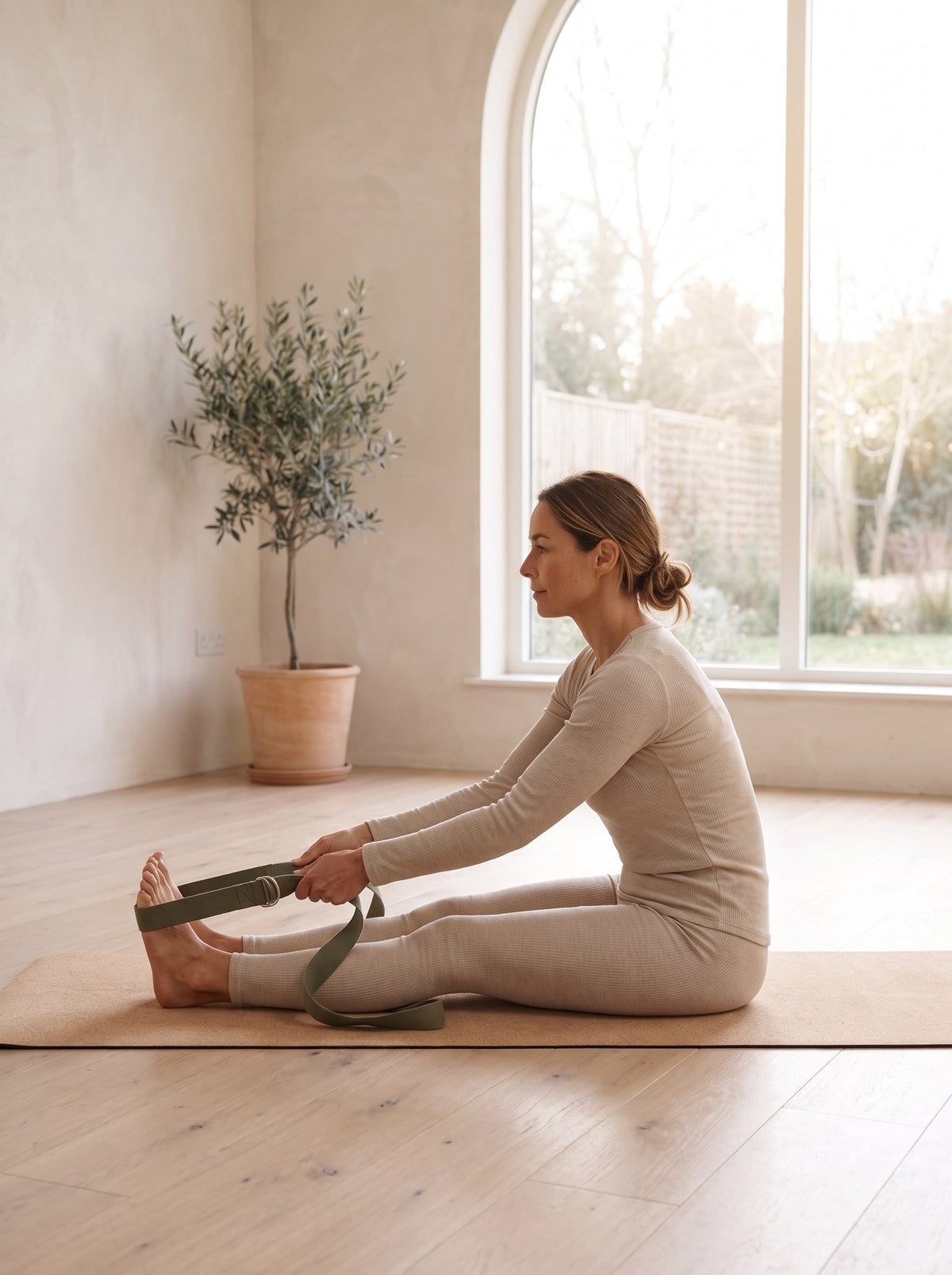 Woman in a seated forward fold holding the Cotton Yoga Strap around her feet