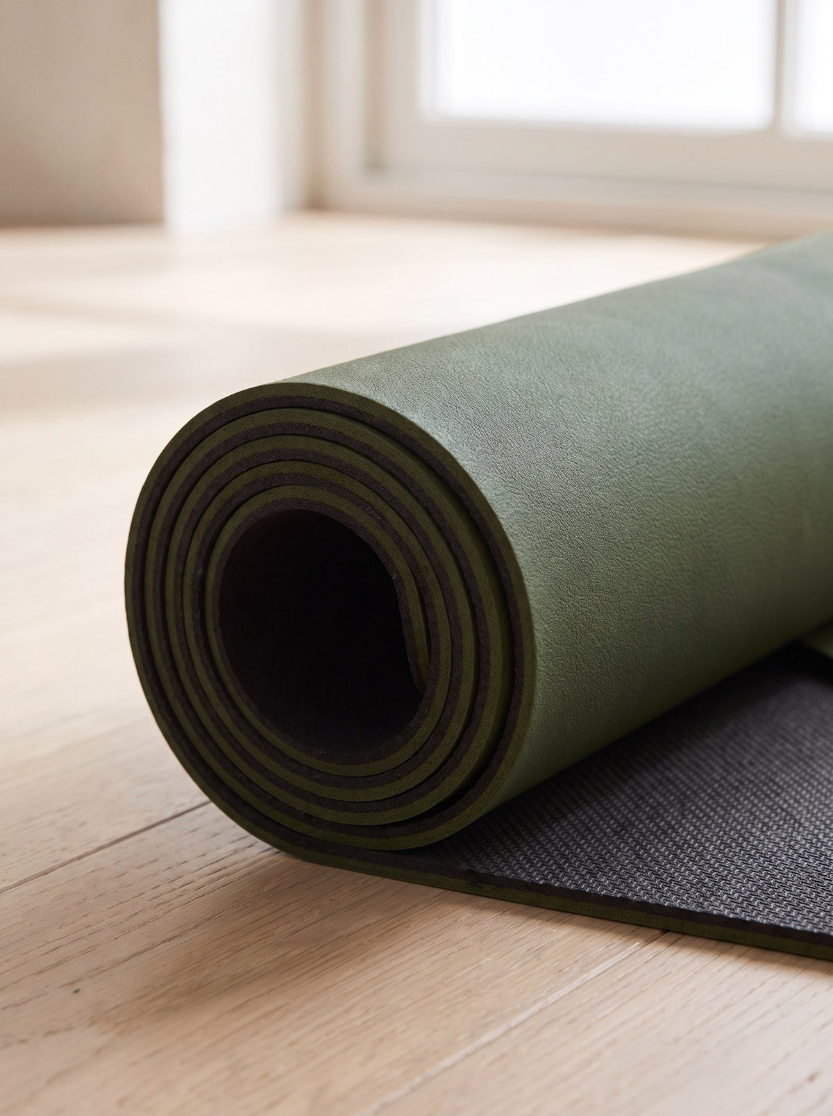 Rolled edge of the Natural Rubber Yoga Mat showing the olive top and charcoal rubber base