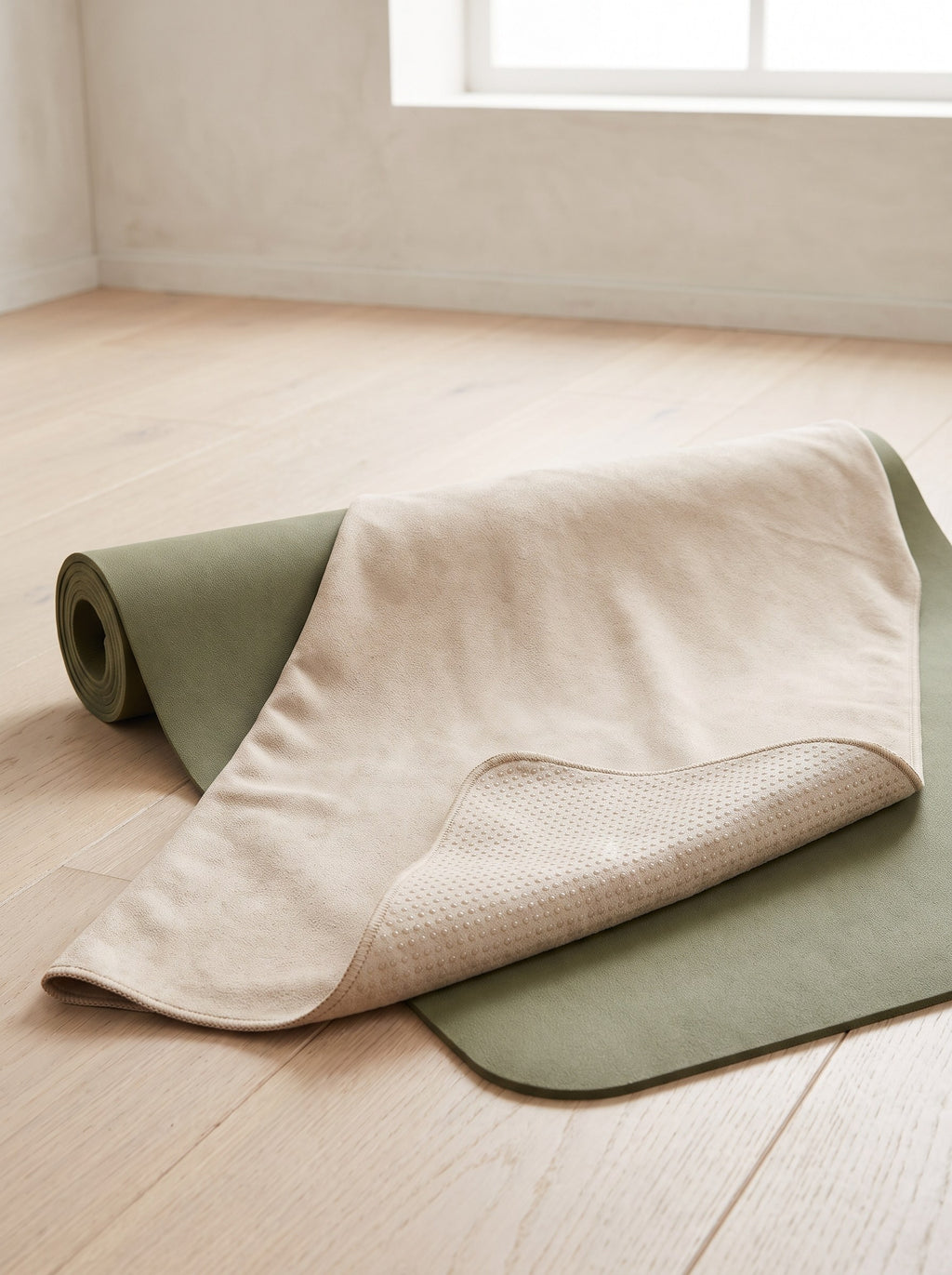 Sand Non-Slip Yoga Mat Towel with a corner turned to show the silicone grip dots